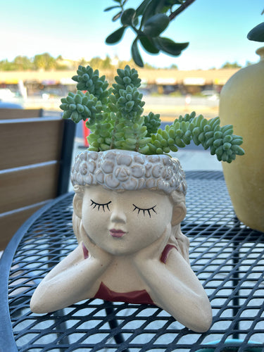 Medium Sleepy Girl With Head in Hands Planter