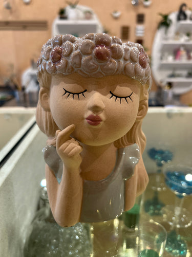 Medium Green Sleepy Girl With Head in Hands Planter